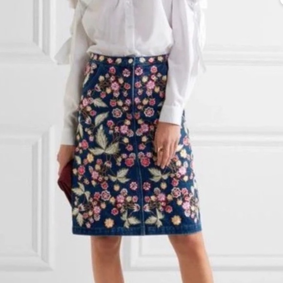 NEEDLE & THREAD EMBROIDERED DENIM SKIRT SZ 12 # feminine # teacher - Picture 2 of 6